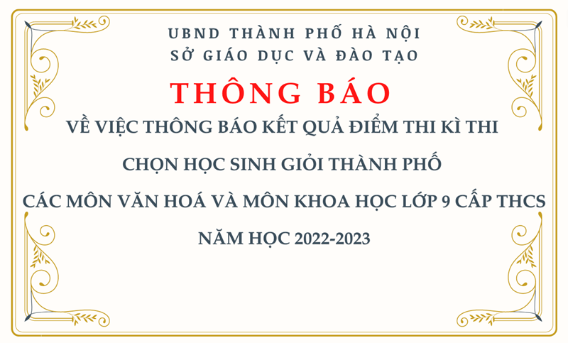 Thông báo: về việc thông báo kết quả điểm thi kì thi chọn học sinh giỏi thành phố các môn văn hoá và môn khoa học lớp 9 cấp thcs năm học 2022-2023