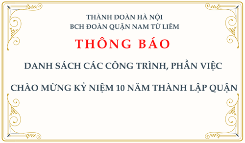 Danh sách các công trình, phần việc chào mừng kỷ niệm 10 năm thành lập quận