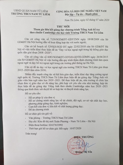 Thư mời tham gia liên kết giảng dạy chương trình tiếng Anh bổ trợ theo chuẩn Cambrige cho học sinh trường THCS Nam Từ Liêm