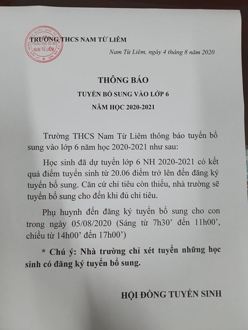 Thông báo tuyển sinh 6: Hạ điểm chuẩn tuyển sinh lớp 6 trường THCS Nam Từ Liêm 2020-2021