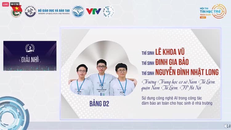 3 học sinh trường THCS Nam Từ Liêm đạt giải Nhì tại Vòng Chung kết toàn quốc Hội thi Tin học trẻ toàn quốc lần thứ XXVII, năm 2021