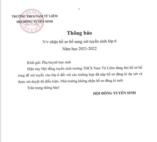 Thông báo về việc nhận hồ sơ bổ sung xét tuyển sinh lớp 6 năm học 2021-2022