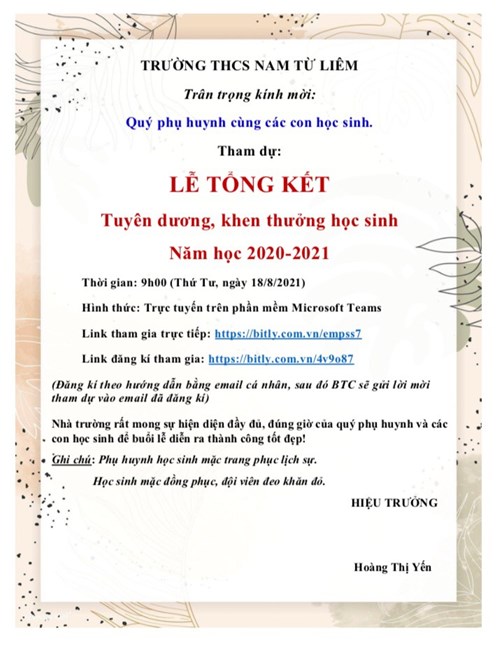 Thư mời dự lễ tổng kết trực tuyến năm học 2020-2021