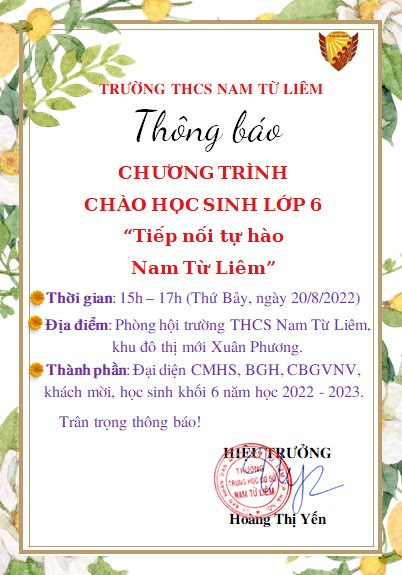 Thông báo chương trình Chào học sinh lớp 6  Tiếp nối tự hào Nam Từ Liêm 