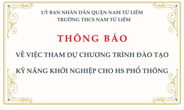 Thông báo về việc tham dự chương trình đào tạo  Kỹ năng khởi nghiệp cho học sinh phổ thông 